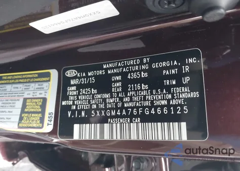 2015 Kia Optima Lx z USA, uszkodzony, nr VIN 5XXGM4A76FG466125